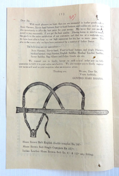India 1930s advertiement brochure HORSE HARNESS SADDLES MOTOR PARTS
