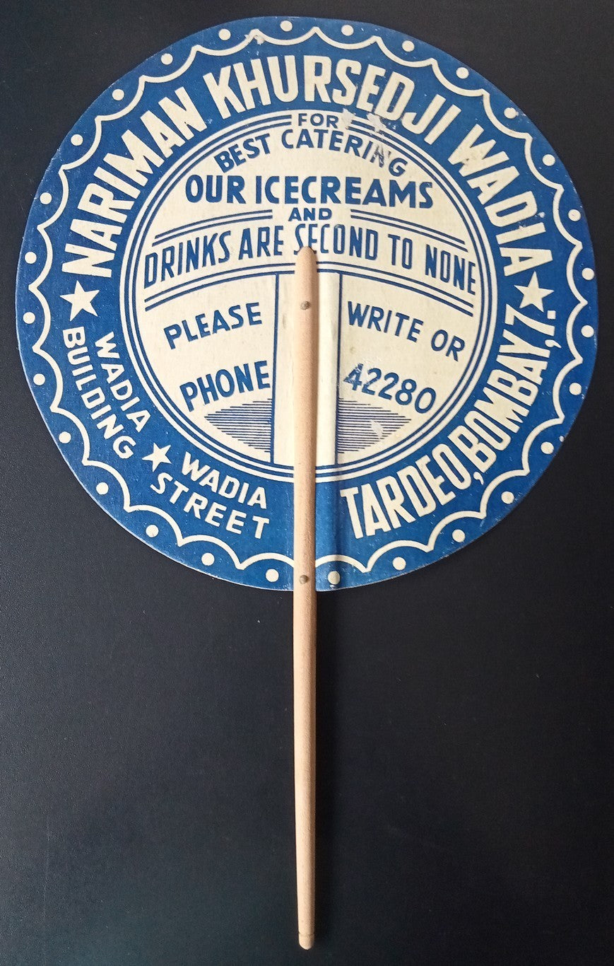 India vintage c.1940 HAND FAN with advertisement for Narinam Wadia Ice Cream