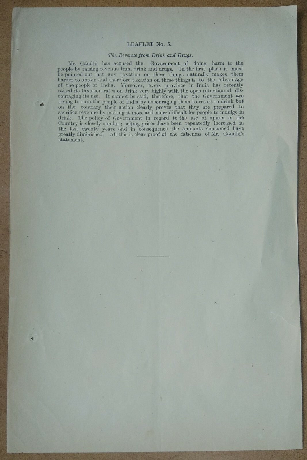 India 1930 British propaganda vs Gandhi’s charges Leaflet #5 DRINKS & DRUGS