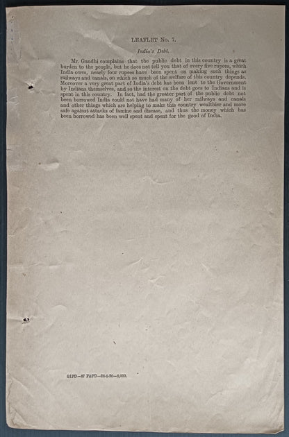 India - British reply to Gandhi's accusations 1930 LEAFLET No 7