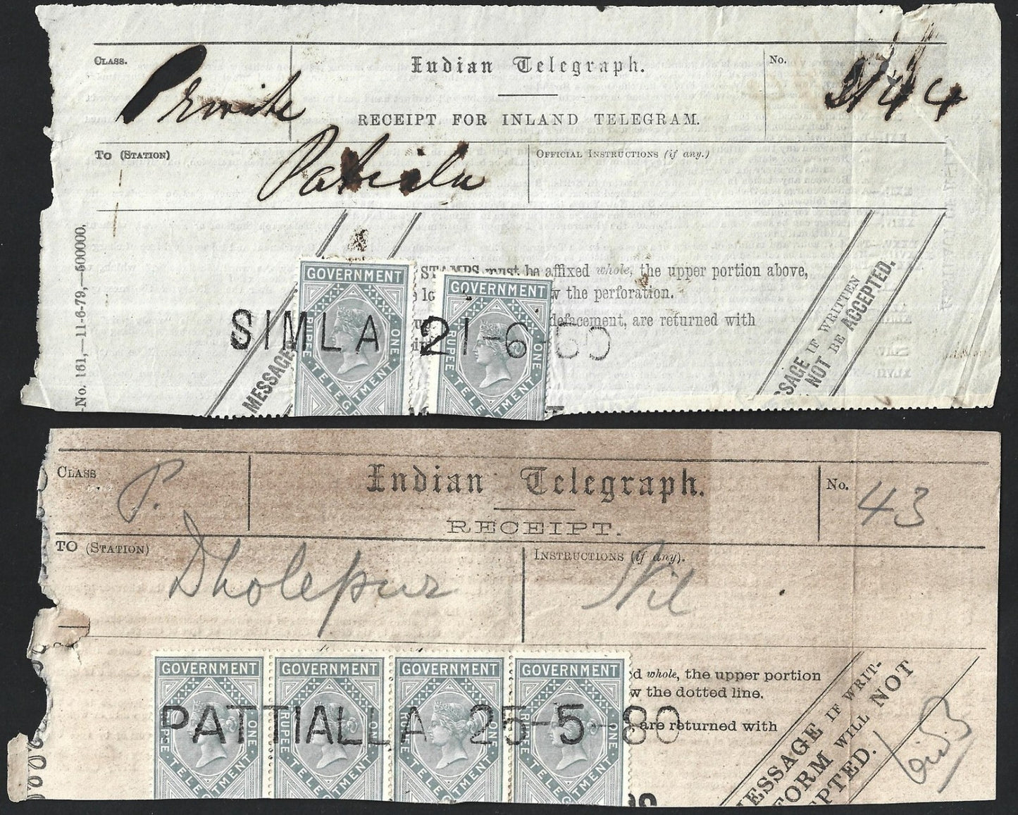 India 1875-1906 collection of telegraph receipts used from 18 different towns