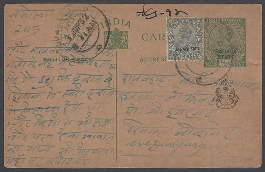 AOP India Patiala State KGV 1/2a postal reply card used HG #25 (message half)