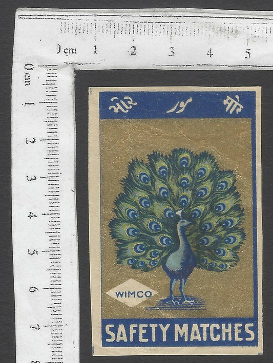 AOP India vintage matchbox label Peacock by WIMCO