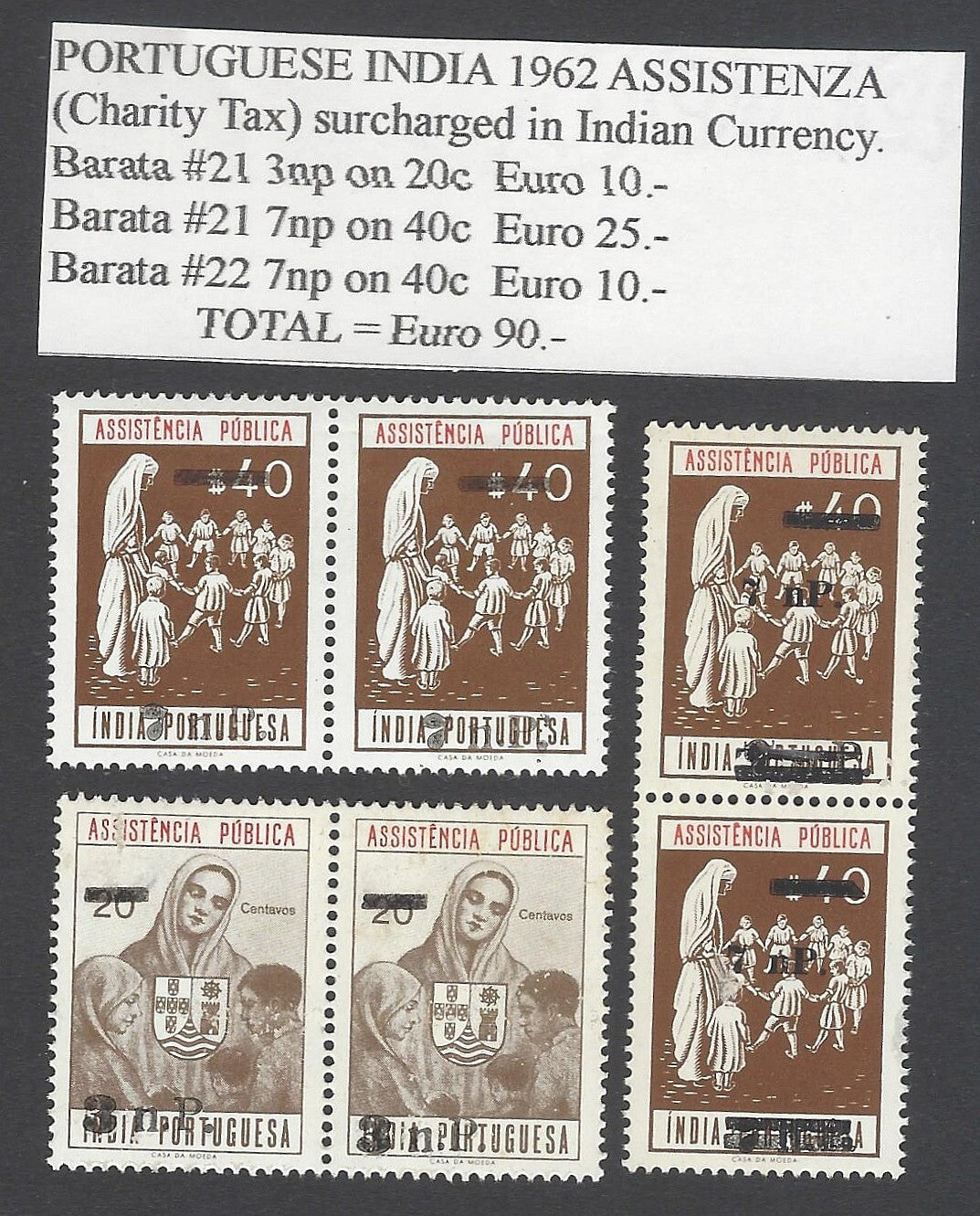 AOP Portuguese India 1962 Assistenza with Indian Currency surcharges MNH pairs
