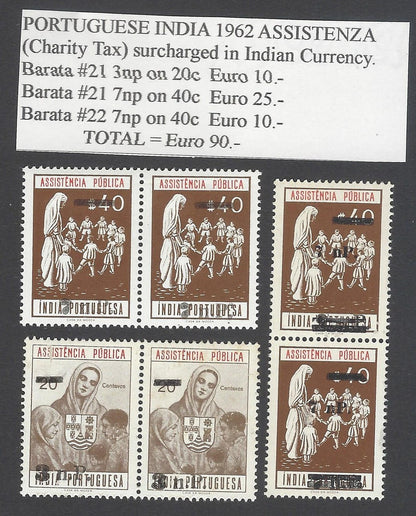 AOP Portuguese India 1962 Assistenza with Indian Currency surcharges MNH pairs