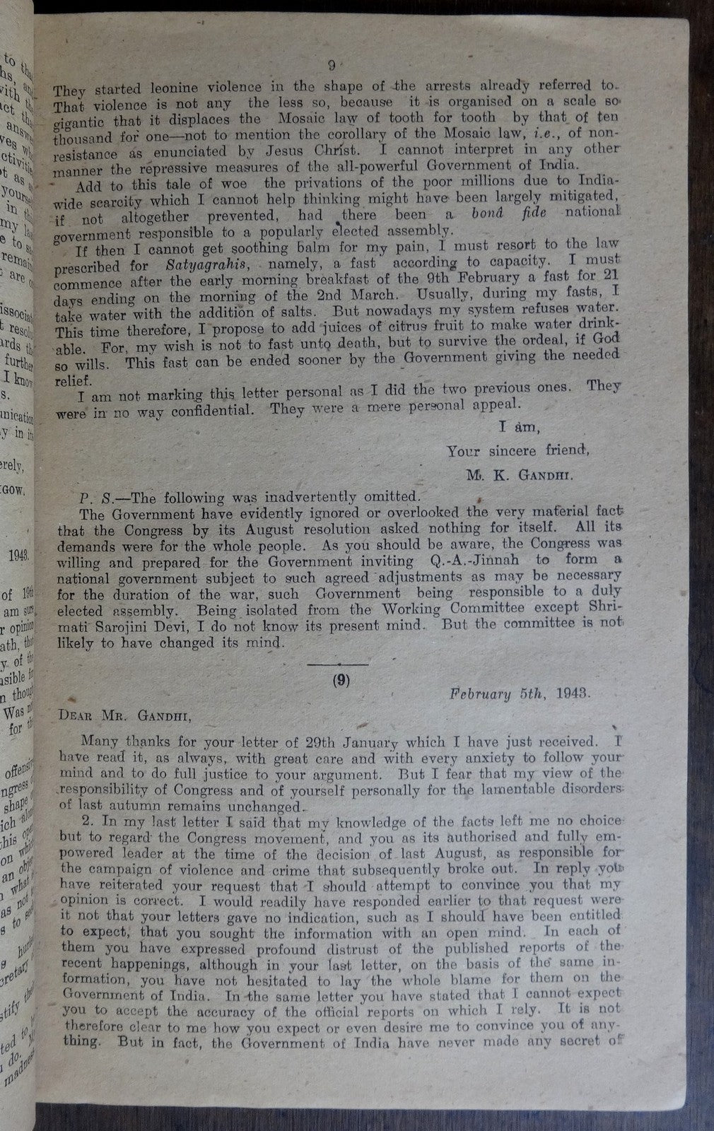 India 1944 GOI publication CORRESPONDENCE WITH MR. GANDHI 1942-4 125pgs