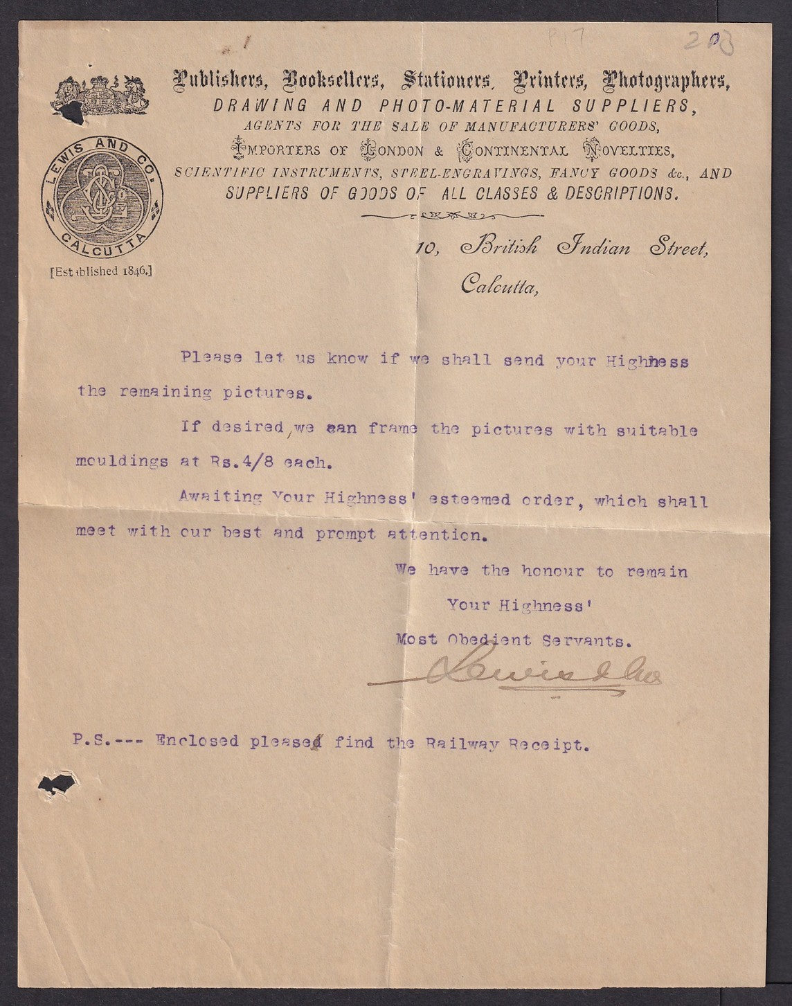 India Lewis and Co. Calcutta Supplier of Scientific Instruments letterhead