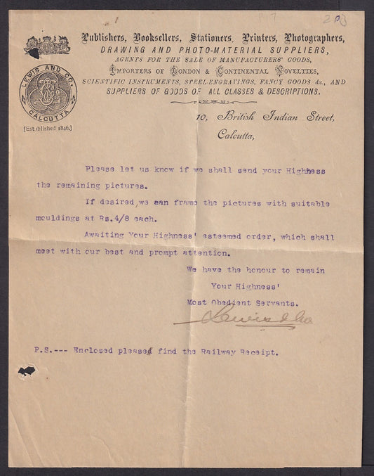 India Lewis and Co. Calcutta Supplier of Scientific Instruments letterhead