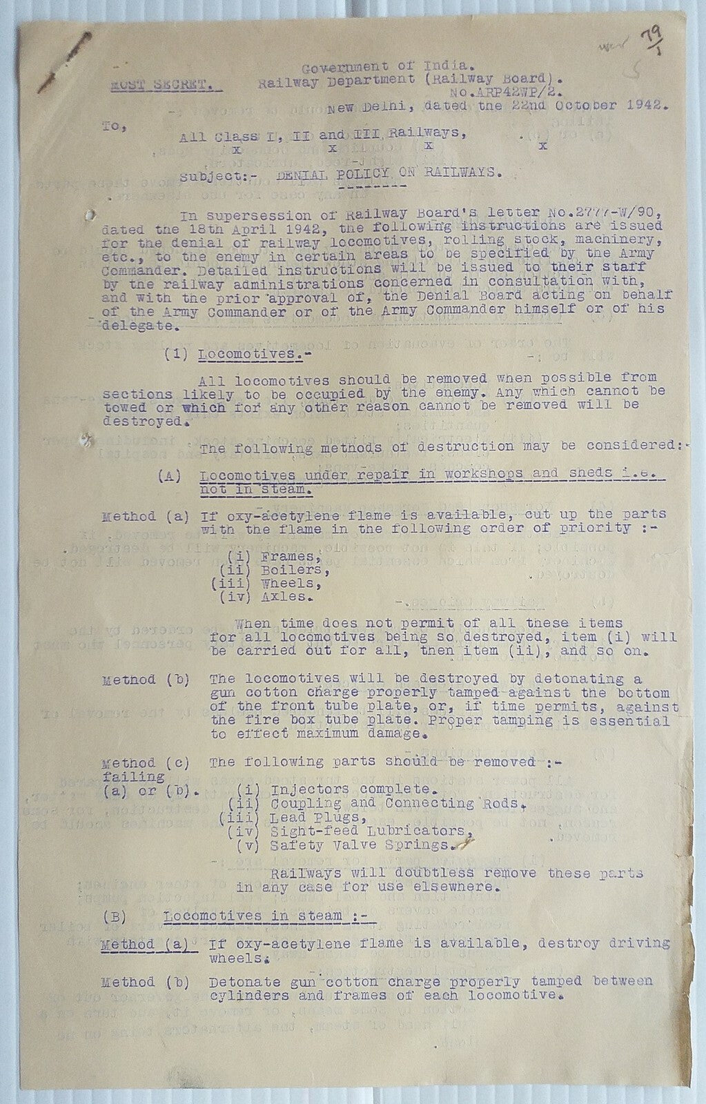 India 1942 DESTRUCTION OF LOCOMOTIVES LIKELY FALL UNDER ENEMY HANDS circular