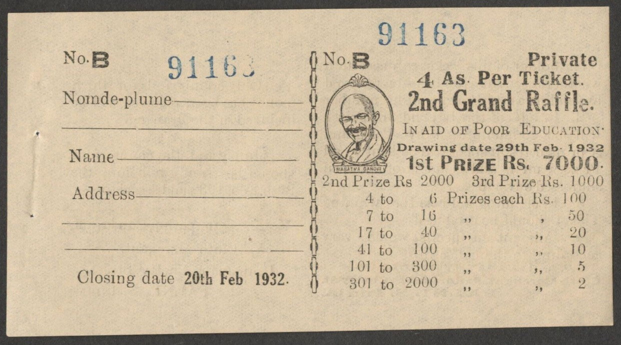 (AOP) India GANDHI 1932 4a Grand Raffle ticket