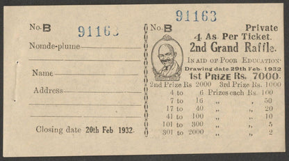 (AOP) India GANDHI 1932 4a Grand Raffle ticket