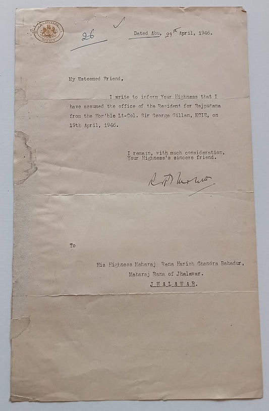 AOP India RAJPUTANA AGENCY signed crested letters to Maharaja of Jhalawar
