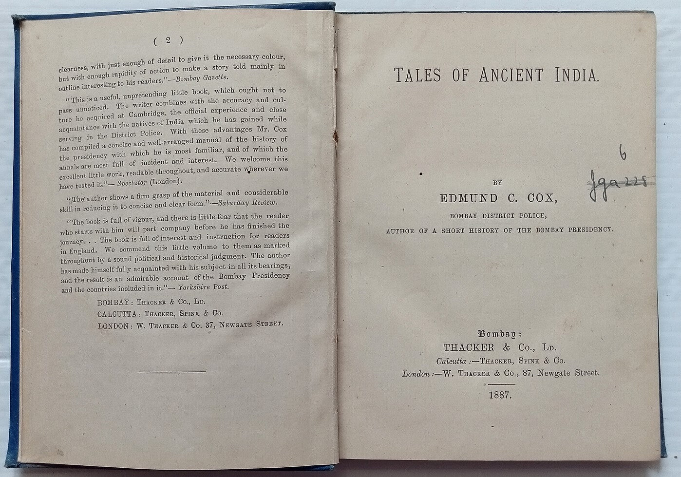 AOP TALES OF INDIA 1887 by Edmund C. Cox HC 88pgs SEE PINHOLES