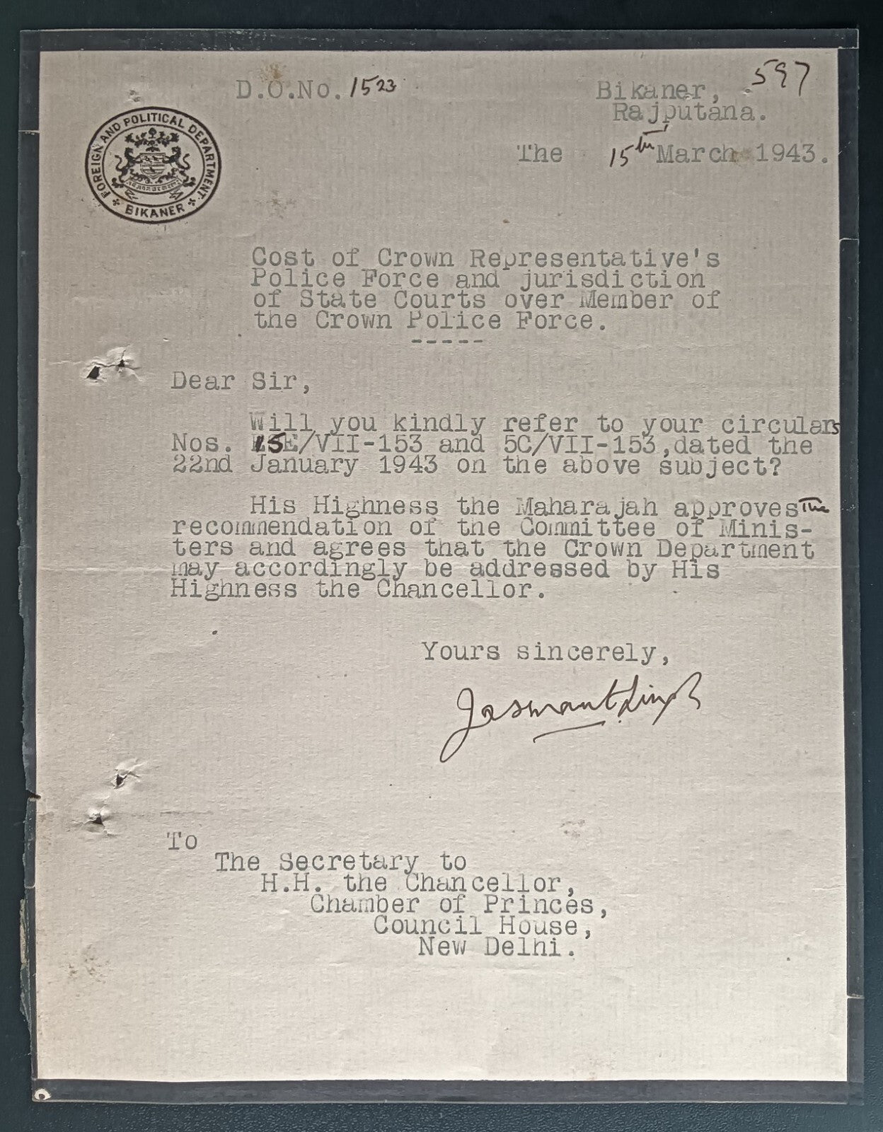 India 1943 crested mourning letter FOREIGN & POLITICAL DEPARTMENT, BIKANER