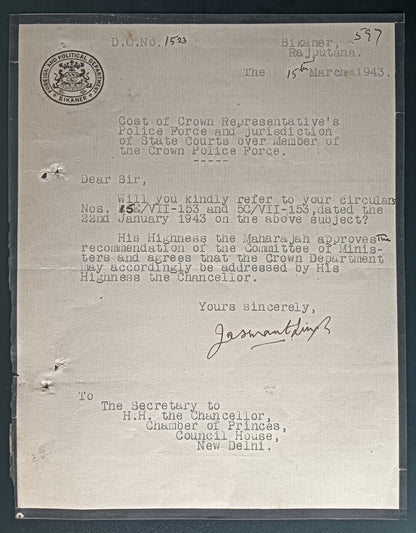 India 1943 crested mourning letter FOREIGN & POLITICAL DEPARTMENT, BIKANER