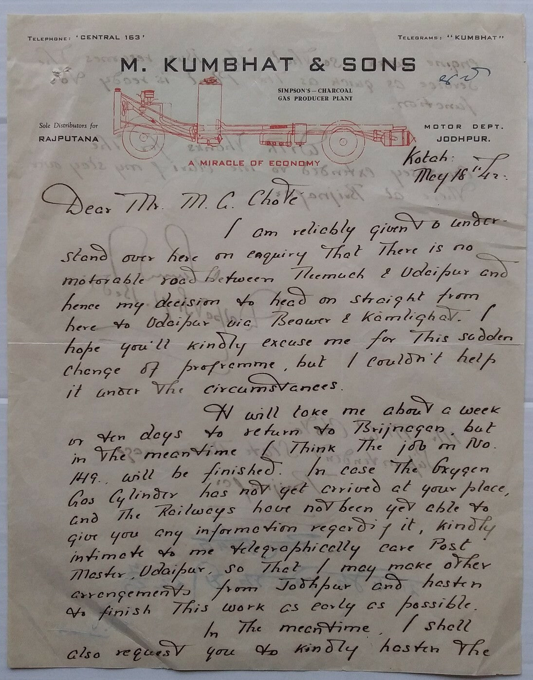 India 1942 M. Kumbhat & Sons Simson’s Charcoal Gas Plant signed letter