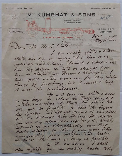 India 1942 M. Kumbhat & Sons Simson’s Charcoal Gas Plant signed letter