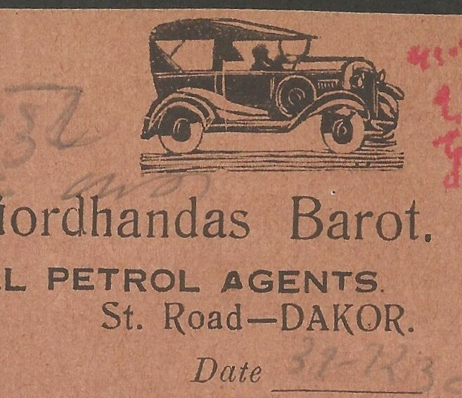 India 1938 illustrated billhead BURMAH SHELL PETROL & MOTOR OILS Dakor