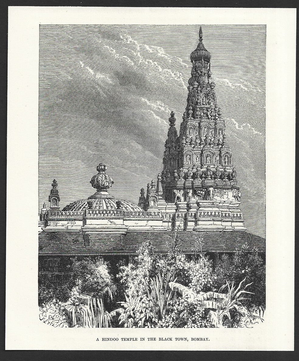 India HINDOO TEMPLE BLACK TOWN BOMBAY engraved print ex libris Rousslet 1876 6x7