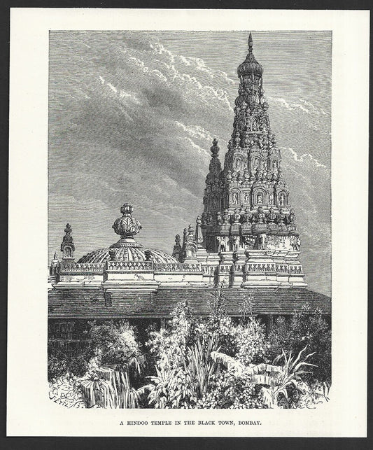 India HINDOO TEMPLE BLACK TOWN BOMBAY engraved print ex libris Rousslet 1876 6x7