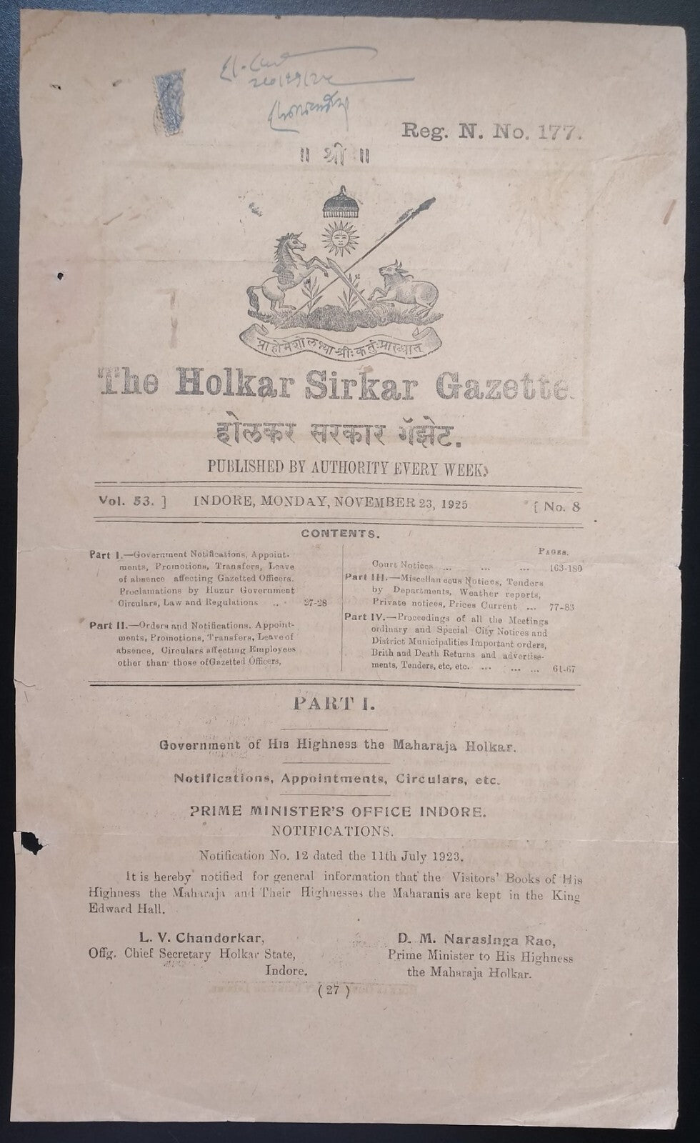 India 1925 Holkar Sikar Gazette Extraordinary Death of Queen Mother Alexandria