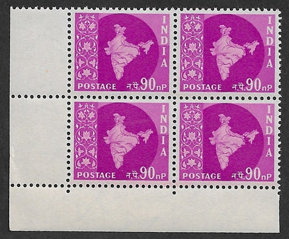 India 1957 Map 90np block of 4 MNH. Phila 2000.- SG £16.00