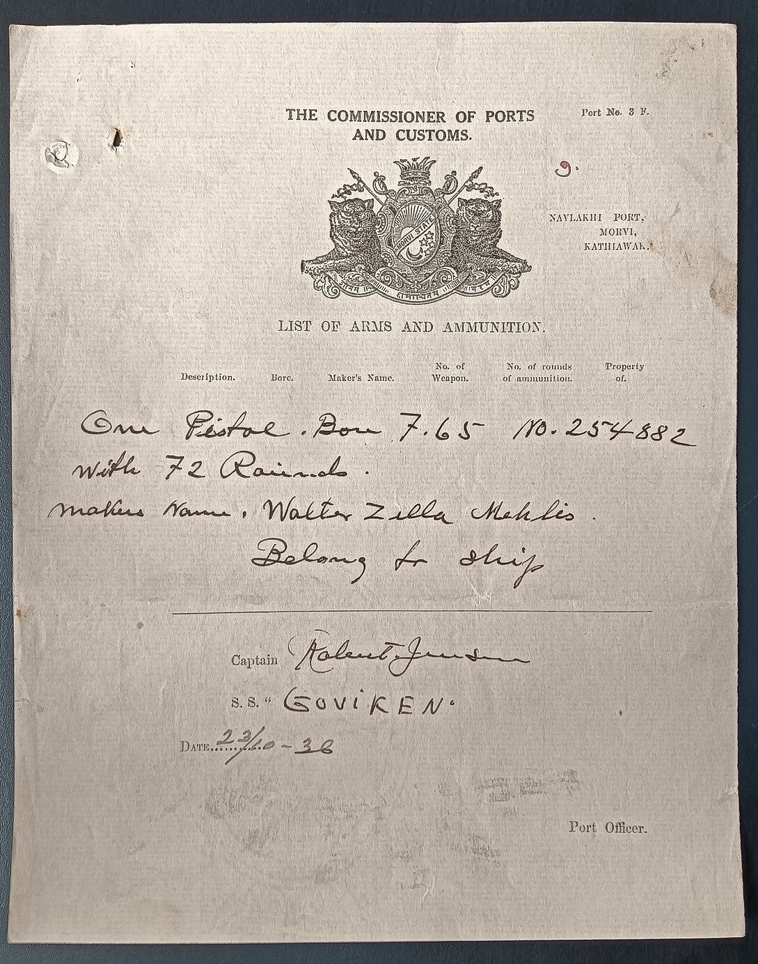 India 1936 Navlakhi Port Morvi SS GOVIKEN Captan signed Arms List - one pistol