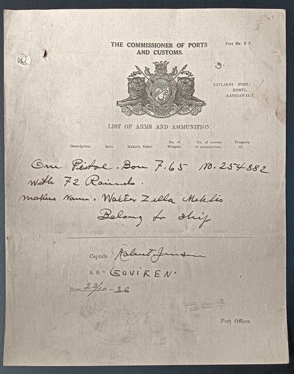 India 1936 Navlakhi Port Morvi SS GOVIKEN Captan signed Arms List - one pistol