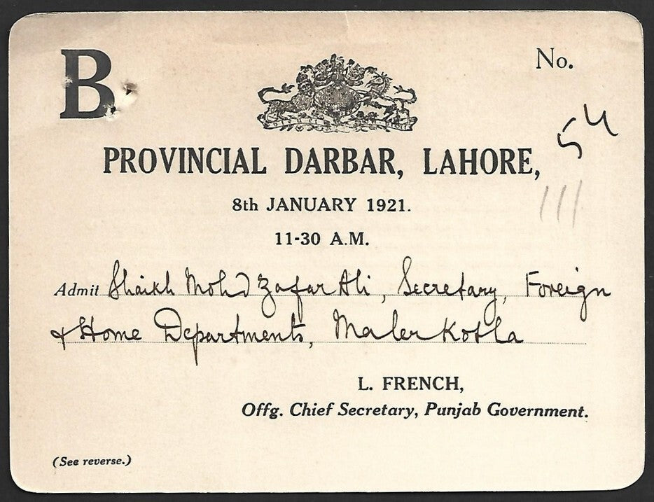 Duke of Connaught INDIA VISIT 1921 PROVINCIAL DURBAR, Lahore crested pass