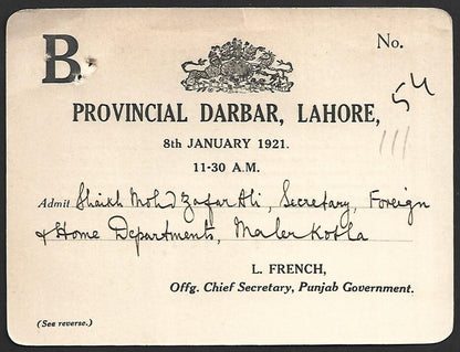 Duke of Connaught INDIA VISIT 1921 PROVINCIAL DURBAR, Lahore crested pass