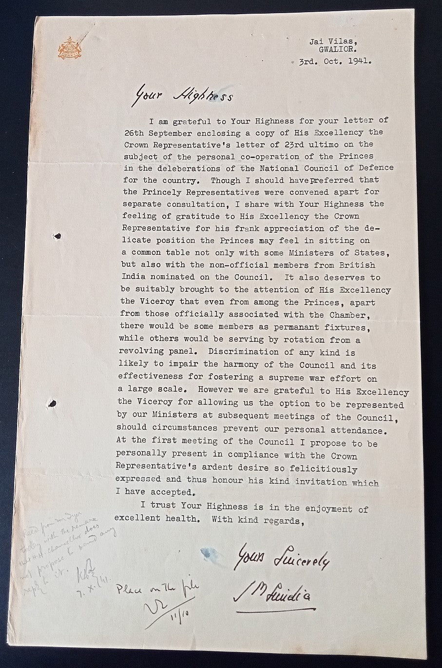GWALIOR STATE India 1941 crested letter signed MAHARAJA Jivaji Rao Scindia