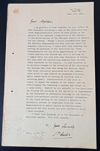 GWALIOR STATE India 1941 crested letter signed MAHARAJA Jivaji Rao Scindia