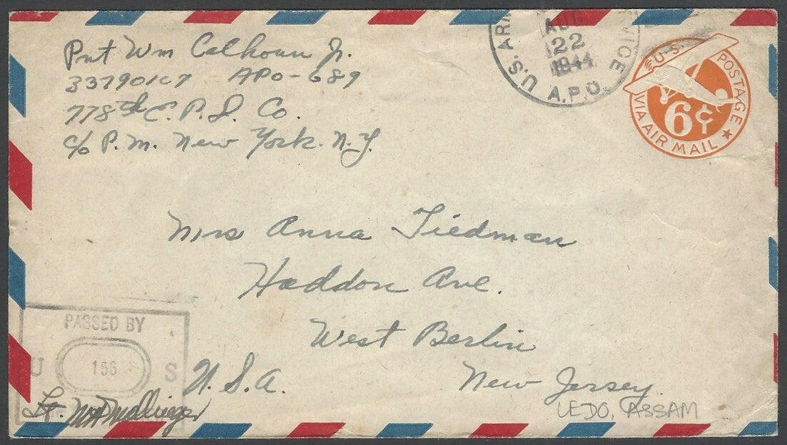 India WW2 US Army Postal Service A.P.O. 689 Ledo, Assam 1944 cover