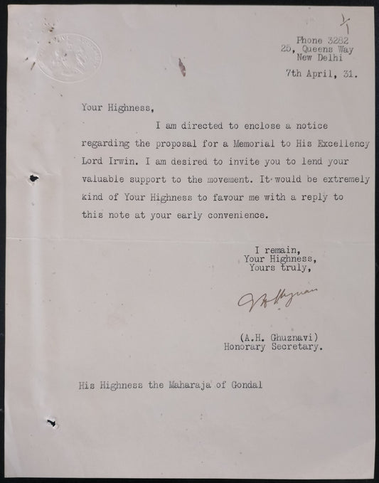 AOP India Correspondence : Lord Irwin Memorial 1931