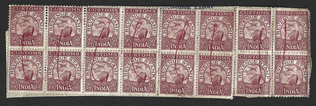 India REVENUES - 1950s Customs 50p x 16 on piece