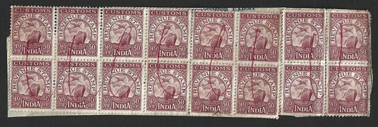 India REVENUES - 1950s Customs 50p x 16 on piece
