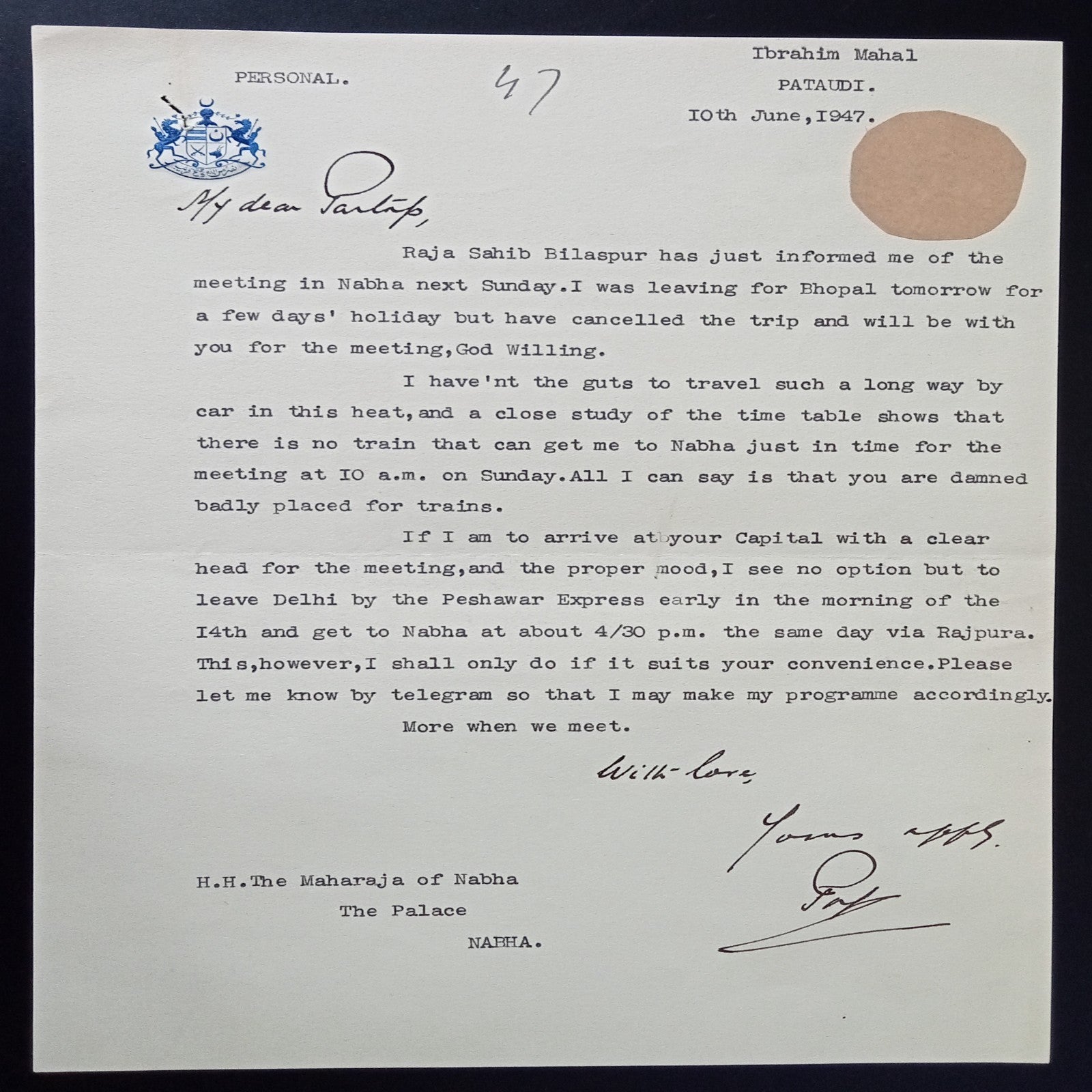 India 1946 letter signed Nawab of Pataudi with State crest / Coat of Arms