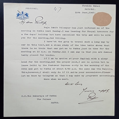 India 1946 letter signed Nawab of Pataudi with State crest / Coat of Arms