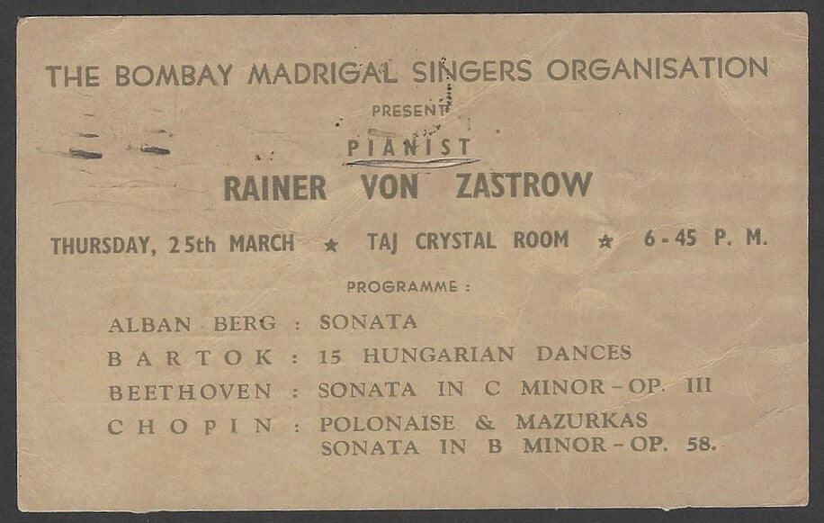 Rainer Von Zastrow Pianist 1965 India performance advertisement