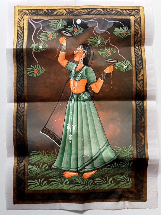 India vintage hand painting on cloth INDIAN GIRL 9 x 12 inches