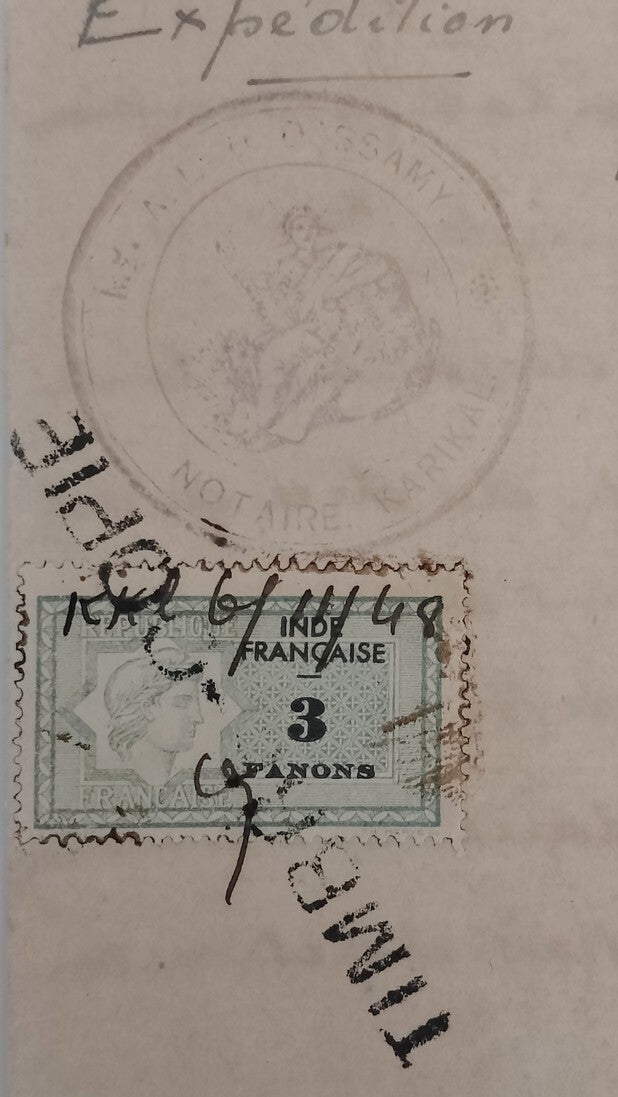 AOP French India 3fa revenue stamp on 1937 8 page KARIKAL document