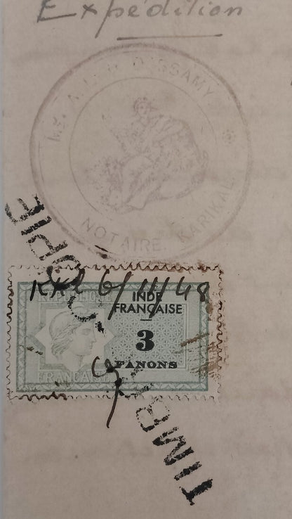 AOP French India 3fa revenue stamp on 1937 8 page KARIKAL document