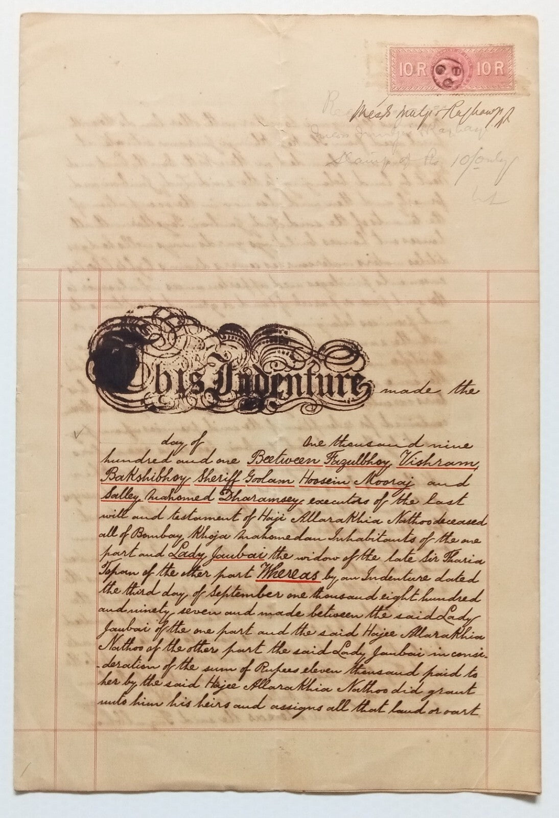 AOP India QV Queen Victoria 1868 Special Adhesive 10R on 1901 indenture 11 pgs