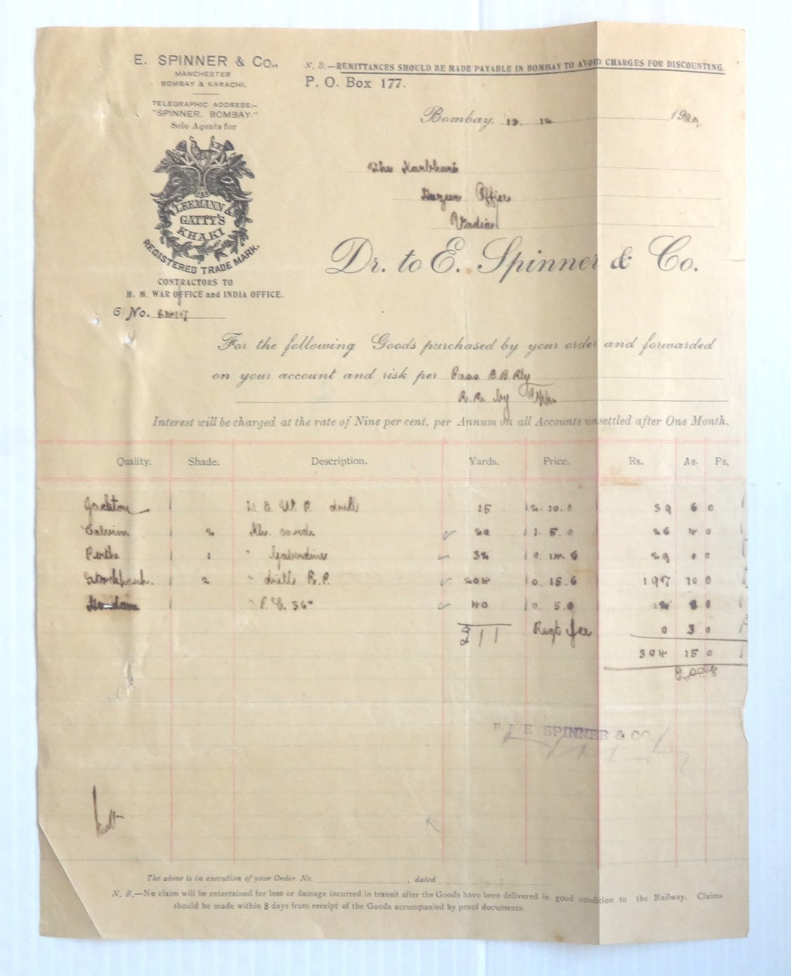 India 1929 illustrated billhead E. SPINNER MILITARY CONTRACTORS Bombay
