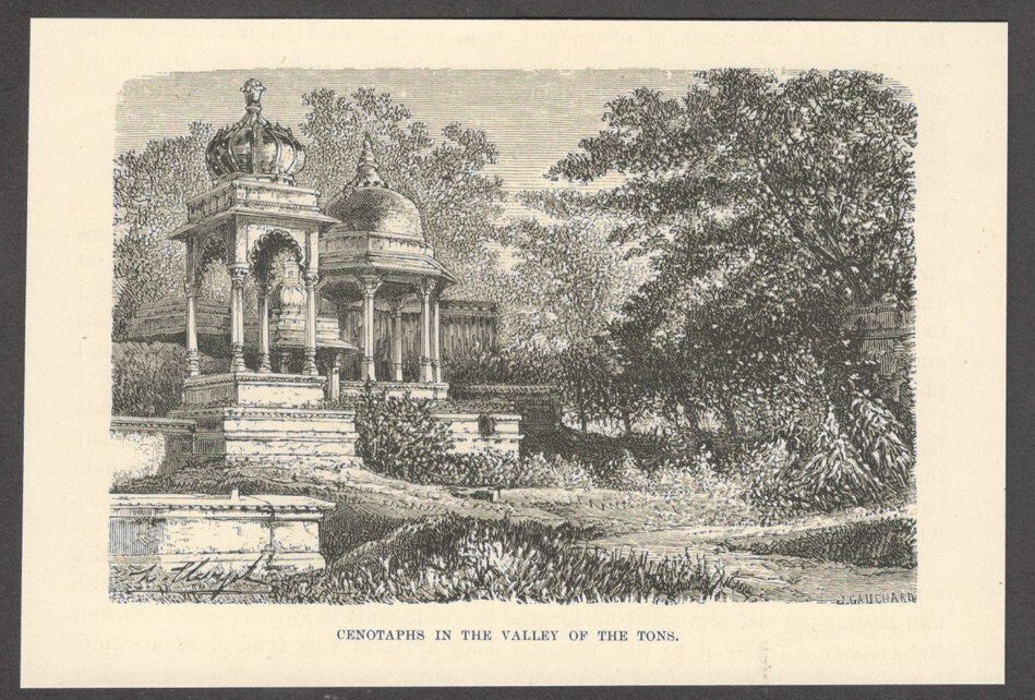 India CENOTAPHS IN THE VALLEY OF THE TONS engraved print - Rousslet 1876 5.5"x4"