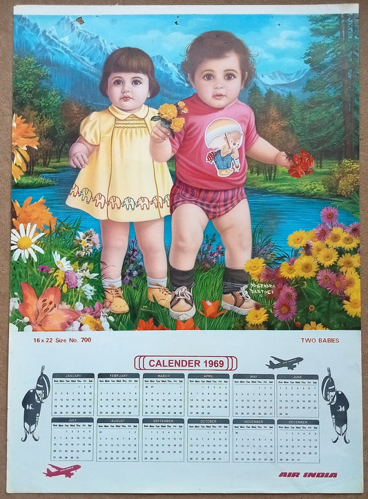 AIR INDIA 1969 poster calender 700 - TWO BABIES - ARTIST : YOGENDRA RASTOGI - R