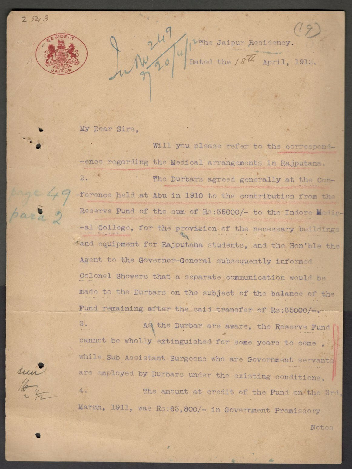 India 1912 crested letter RESIDENT JAIPUR