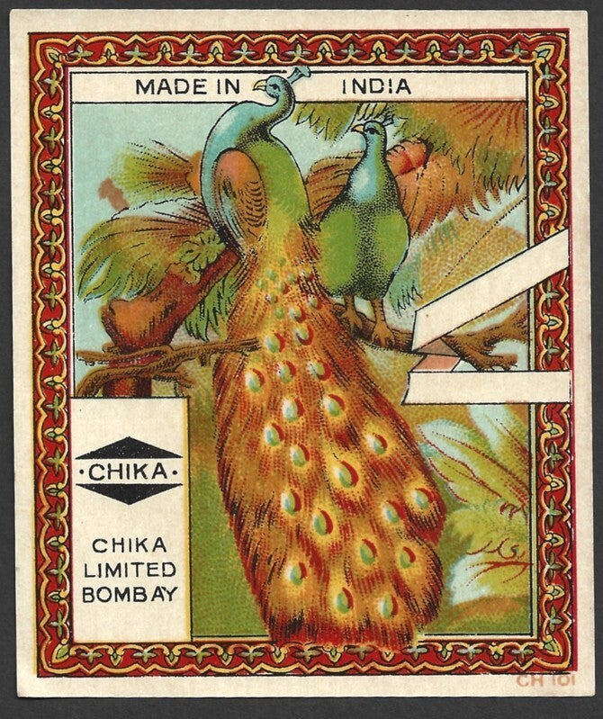 India 1930s textile dye litho label Chika, Bombay - PEACOCK