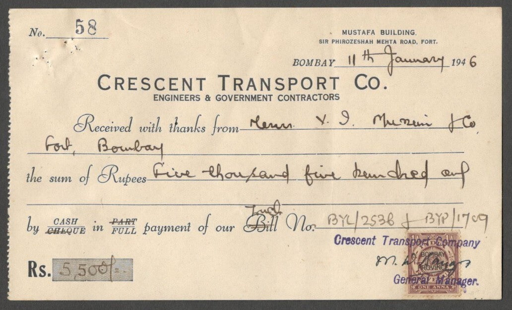 AOP India 1946 Automobile stamped receipt CRESCENT TRANSPORT CO