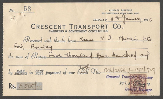 AOP India 1946 Automobile stamped receipt CRESCENT TRANSPORT CO